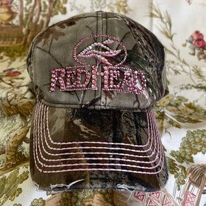 EUC Redhead Camo hat with hand-placed pink and white rhinestones. One of a kind.